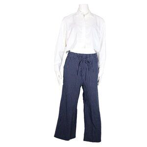 Unbranded Women Medium Blue Pant Elastic Waist Striped Cotton Linen Crop Trouser